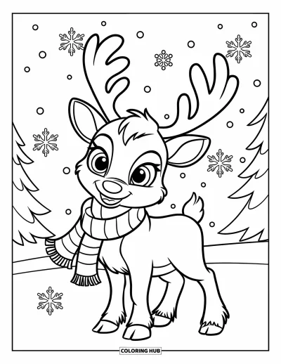 Coloriage de rennes pour enfants : Un renne avec une grande écharpe sourit sous des flocons de neige qui tombent