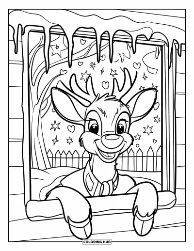 Coloriage de rennes pour enfants : Un renne au nez rouge jette un coup d'œil à travers une fenêtre décorée sur un jardin enneigé