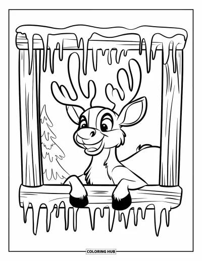 Coloriage de rennes pour enfants : Un renne au pelage blanc regarde par une fenêtre rustique sur un paysage enneigé