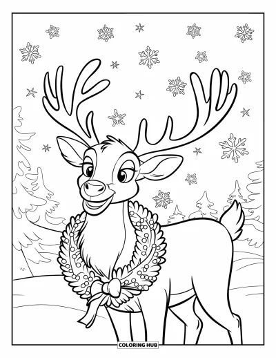 Coloriage de rennes pour enfants : Un renne avec une couronne se tient pendant que des flocons tombent dans un paysage enneigé