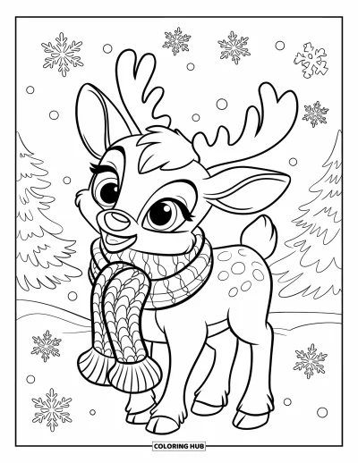 Coloriage de rennes pour enfants : Un renne aux grands yeux et une écharpe douillette se tient dans une forêt enneigée