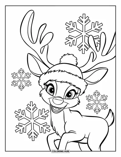 Coloriage de rennes pour enfants : Un renne avec un joli bonnet sourit à côté de grands flocons de neige