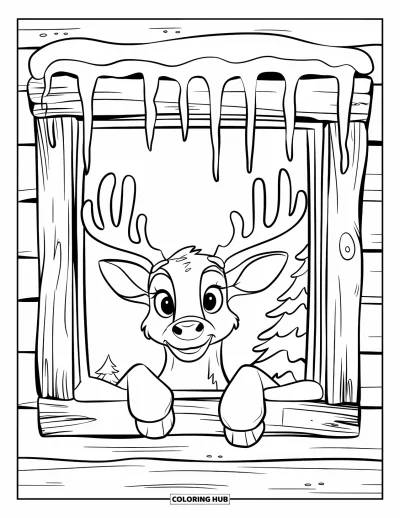Coloriage de rennes pour enfants : Un renne au nez rouge et au collier regarde par une fenêtre entourée d'arbres enneigés