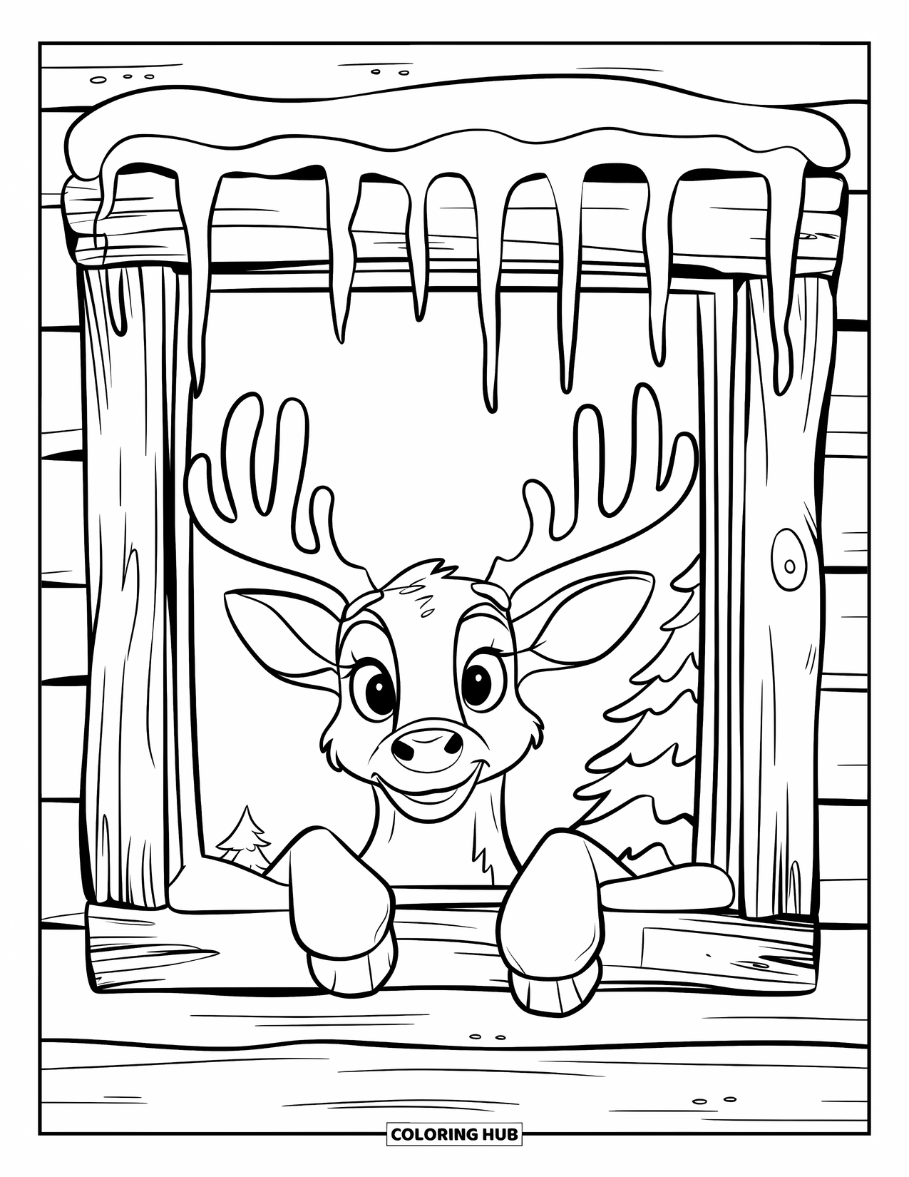 Reindeer Coloring Page for Kids: Reindeer with red nose and collar peers through a window with snowy trees