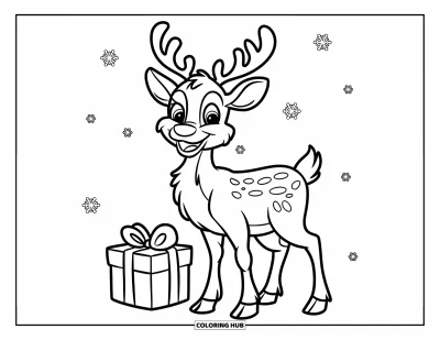 Coloriage de rennes pour enfants : Un renne au nez rouge avec un cadeau attend dans une clairière enneigée et paisible