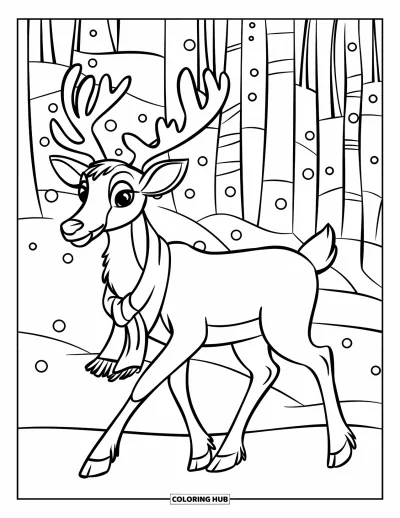 Coloriage de rennes pour enfants : Un renne avec une écharpe traverse une forêt enneigée sous des flocons qui tombent