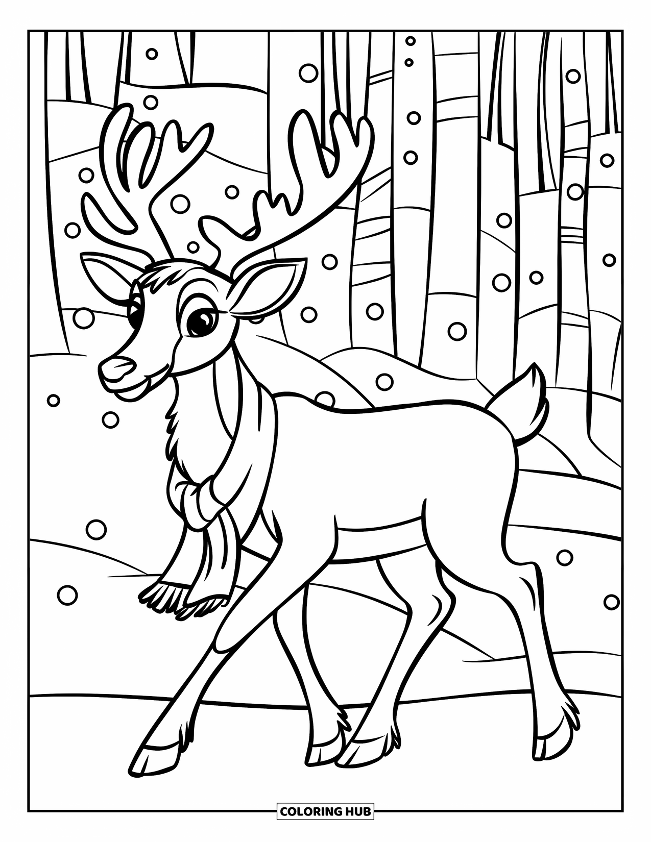 Reindeer Coloring Page for Kids: Reindeer with scarf walks through a snowy forest with falling snowflakes