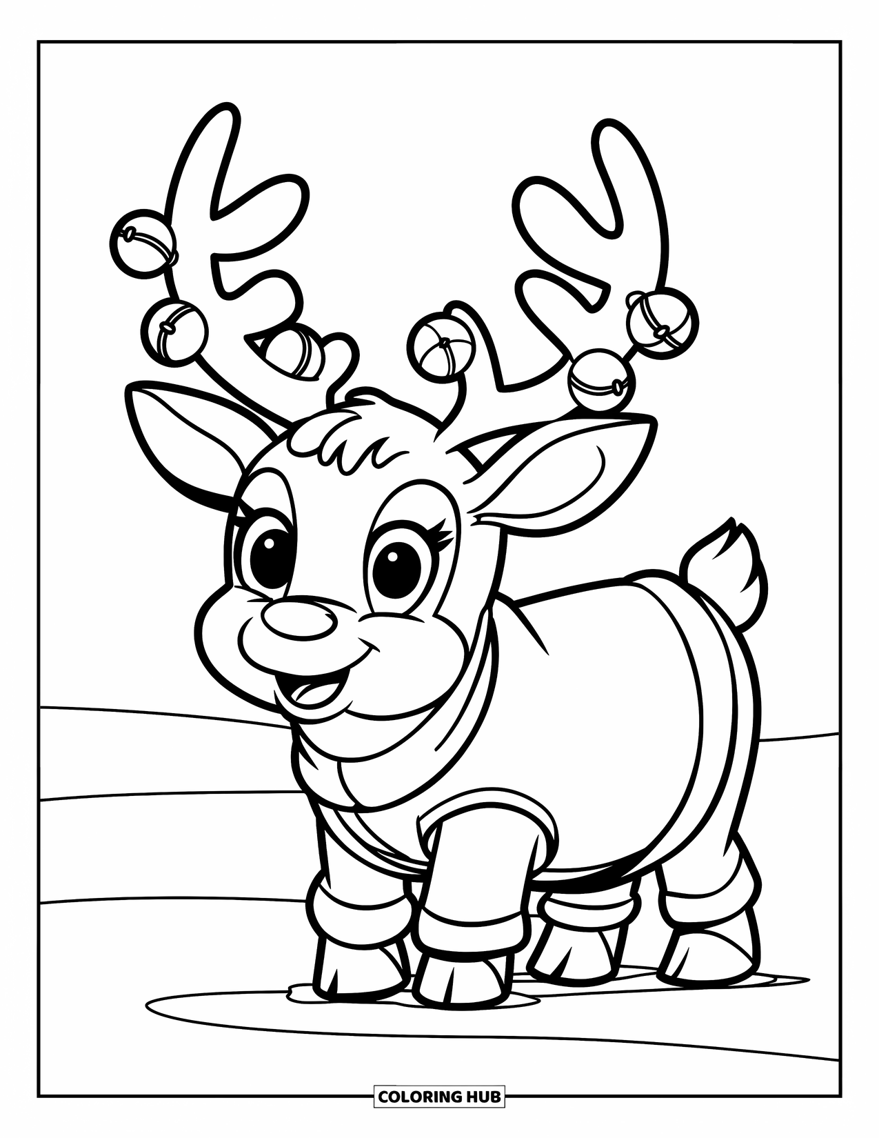 Reindeer Coloring Page for Kids: Round reindeer in jingle bells and red suit stands on snowy snow