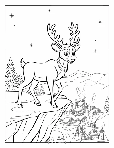 Coloriage de rennes pour enfants : Un renne au nez brillant se dresse au-dessus d'un paisible village hivernal sous les étoiles
