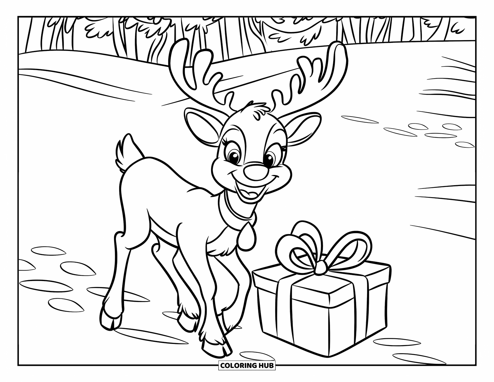 Reindeer Coloring Page for Kids: Smiling reindeer stands by a Christmas gift on the snowy ground