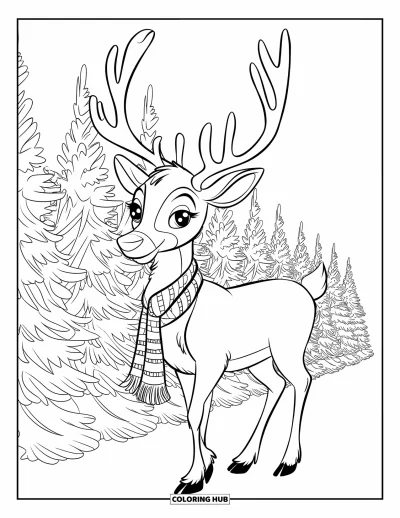 Coloriage de rennes pour enfants : Un élégant renne avec une écharpe à motifs se tient près d'arbres couverts de neige