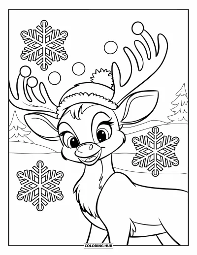 Coloriage de rennes pour enfants : Un renne chaleureux avec un bonnet et des décorations se tient près d'arbres et de collines