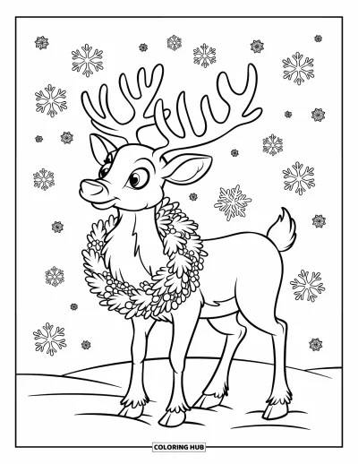 Coloriage de rennes pour enfants : Un renne couronné d'une couronne se tient dans la neige sous de doux flocons qui tombent