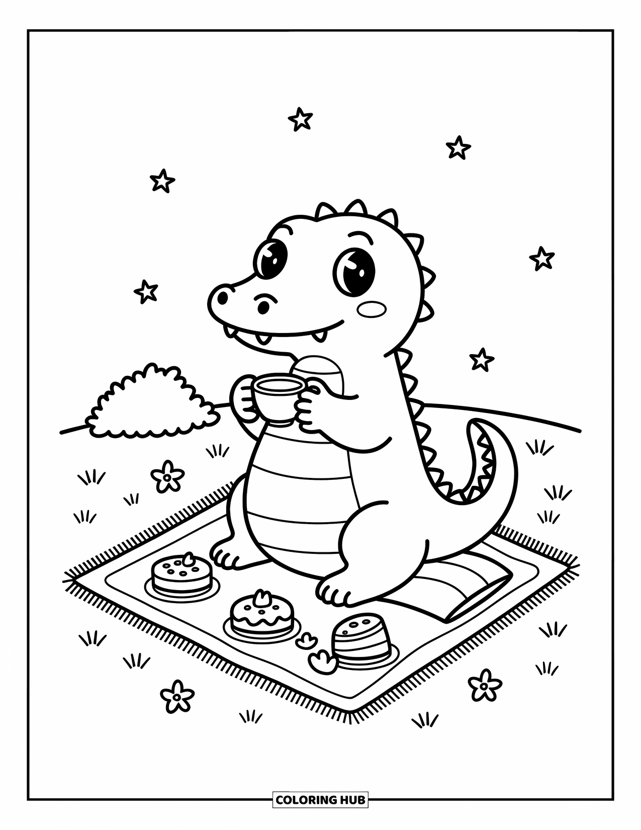 Reptile Coloring Page for Adults: Alligator sips tea on a picnic blanket with petals and cushions