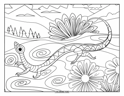 Tegning af krybdyr til voksne: Basilisk glider forbi spiralformede bølger og mønstrede blomster med naturskøn baggrund