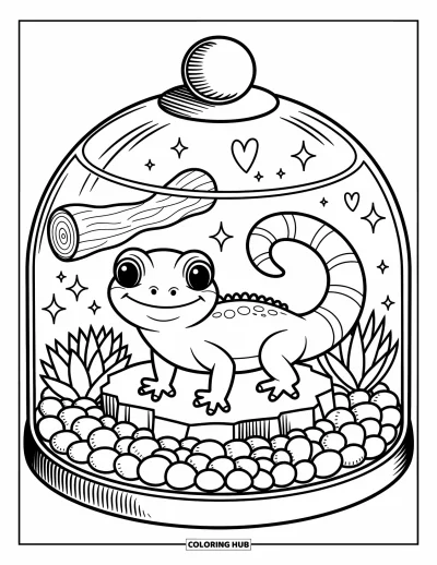 Tegning af krybdyr til voksne: Glad gekko i et terrarium fyldt med planter og svævende hjerter