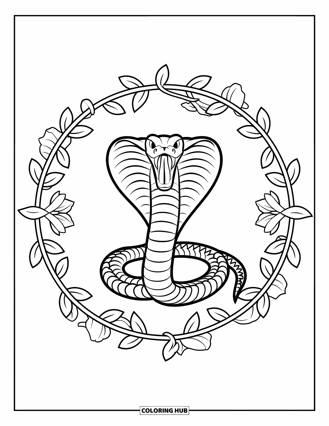Reptile Coloring Page for Adults: Cobra with fangs framed by leaves and petals in a white circle