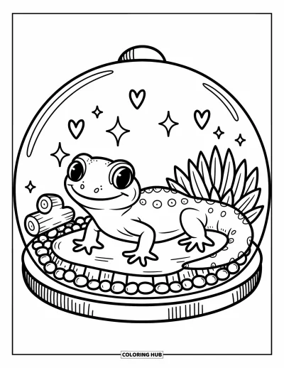 Tegning af krybdyr til voksne: Glad gekko smiler på en sten i et hyggeligt glasterrarium