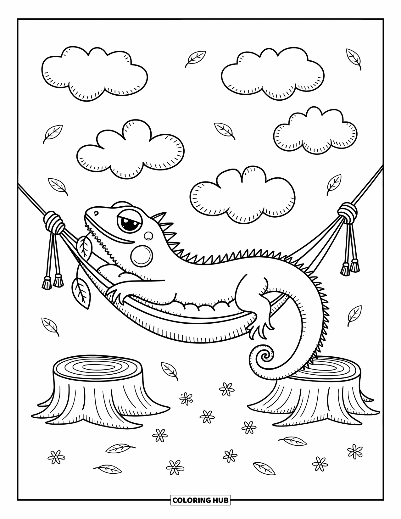 Reptile Coloring Page for Adults: Iguana naps in a hammock with a leaf in its mouth under floating clouds