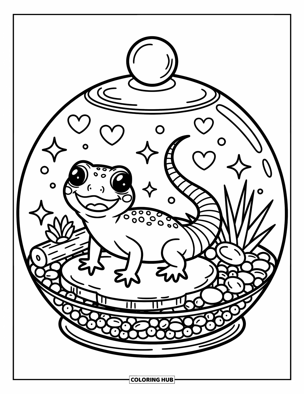 Reptile Coloring Page for Adults: Joyful gecko rests in a terrarium with sparkles and leafy succulents