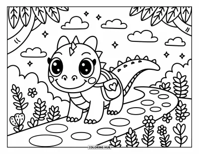 Tegning af krybdyr til voksne: Komodovaraner går ad en løvrig sti med blomster og svævende stjerner