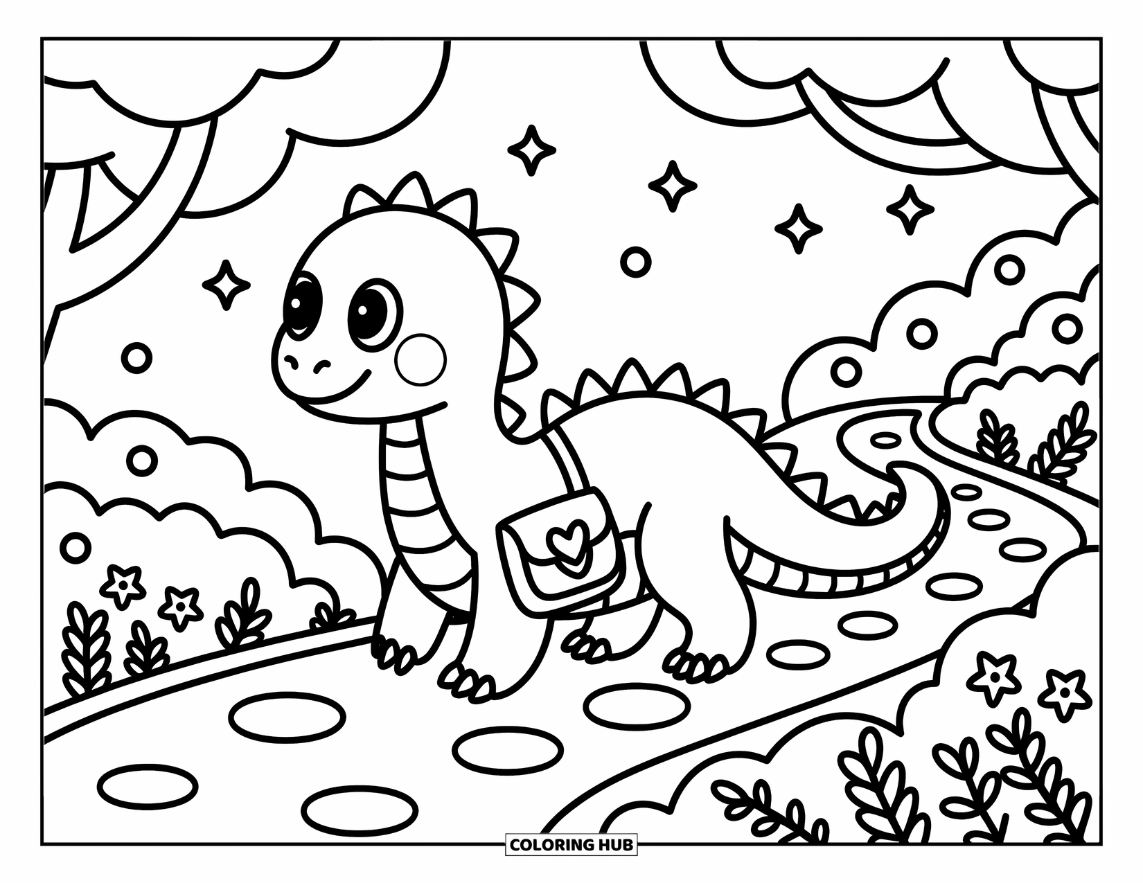 Reptile Coloring Page for Adults: Komodo dragon with a satchel walks under starry skies and leafy trees