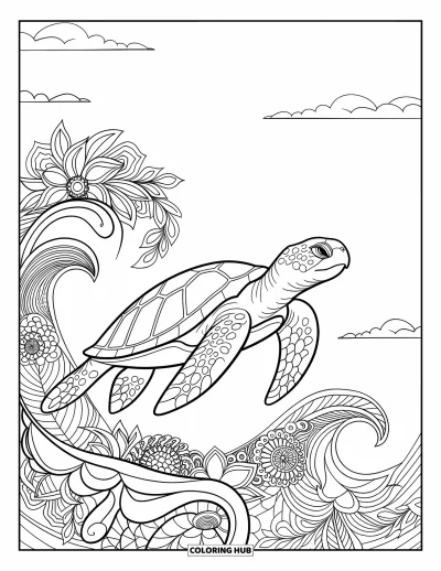 Tegning af krybdyr til voksne: Fredelig skildpadde flyder blandt blomster, blade og bølgedesign