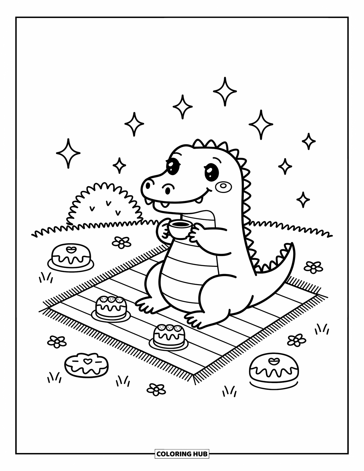 Reptile Coloring Page for Adults: Smiling alligator sits at a picnic with teacakes and twinkling sky