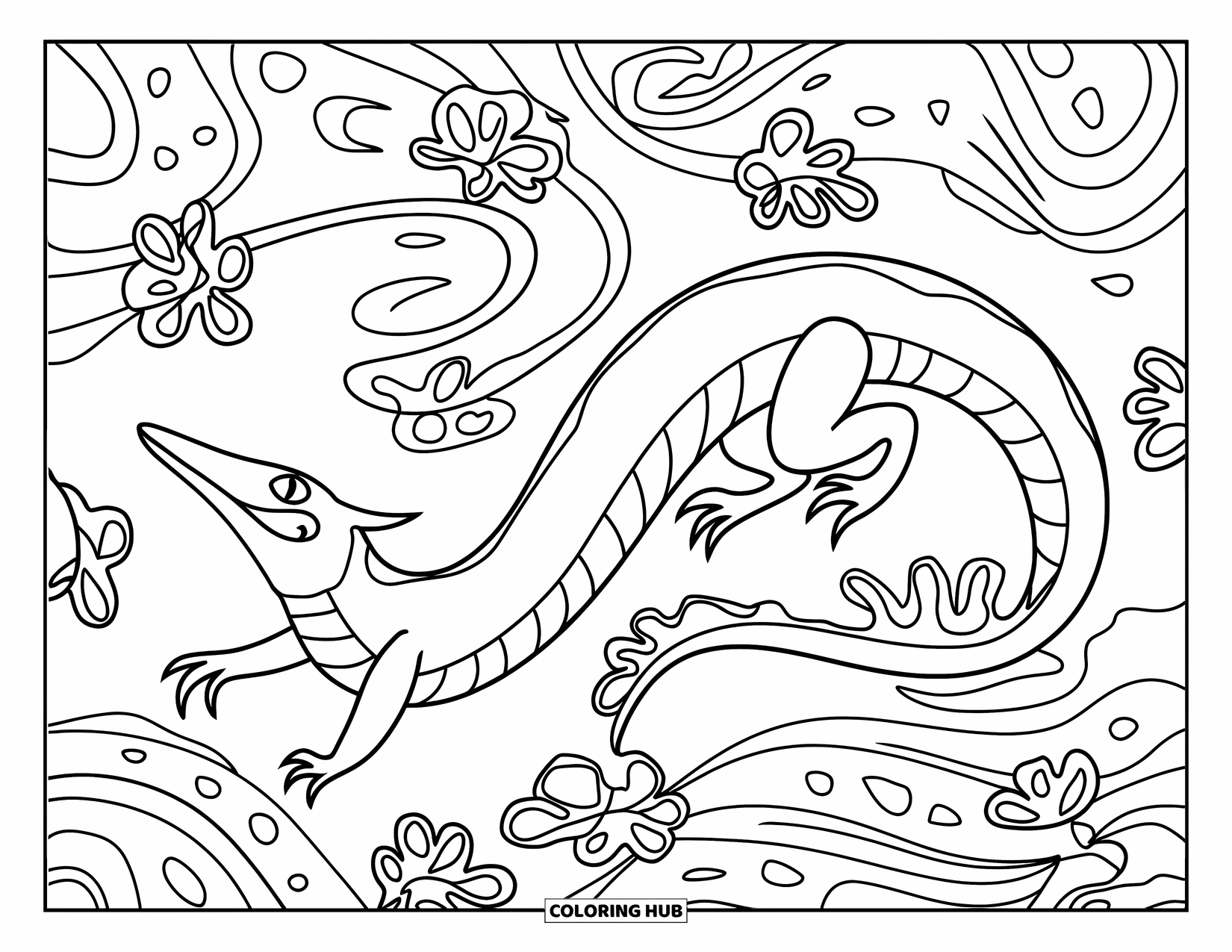 Reptile Coloring Page for Adults: Twisting basilisk dashes through waves and flowers in an intricate design