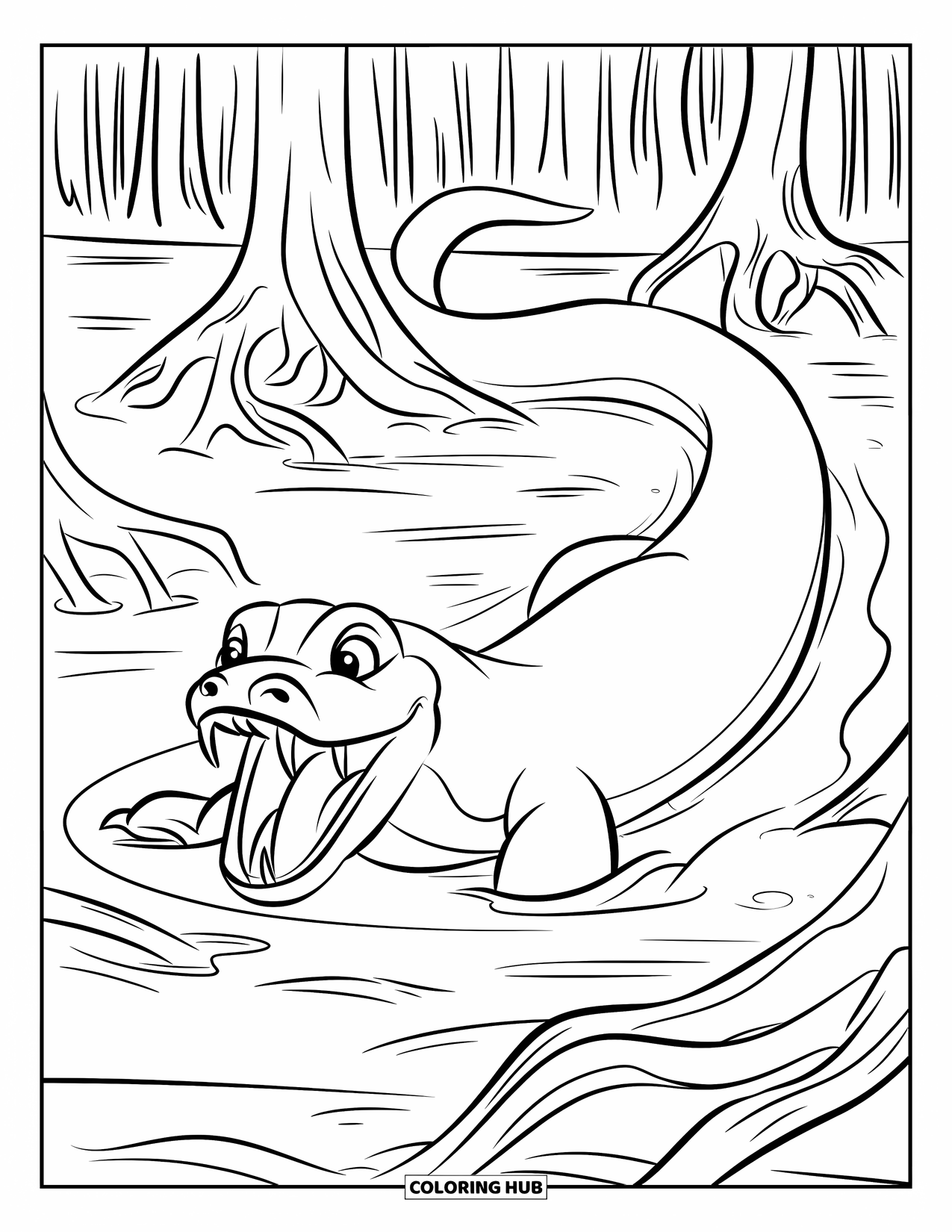 Reptile Coloring Page for Kids: Anaconda glides through swampy ground with gnarled tree roots
