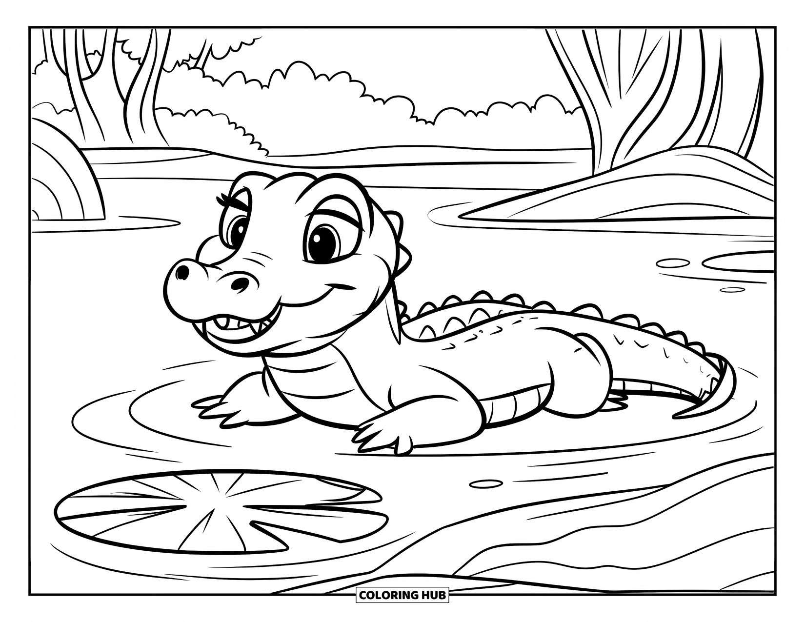 Reptile Coloring Page for Kids: Baby crocodile smiles while floating calmly with a lily pad