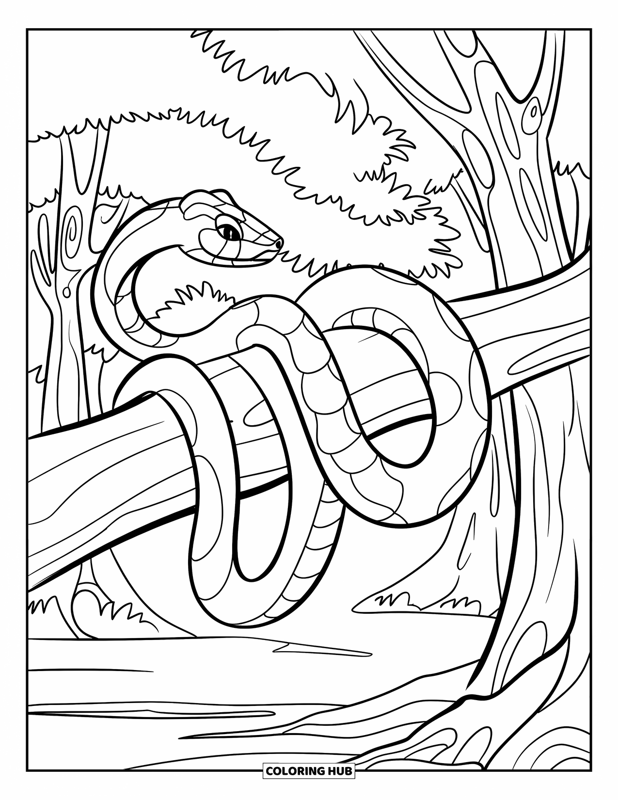 Reptile Coloring Page for Kids: Boa curled on a branch in a quiet forest scene