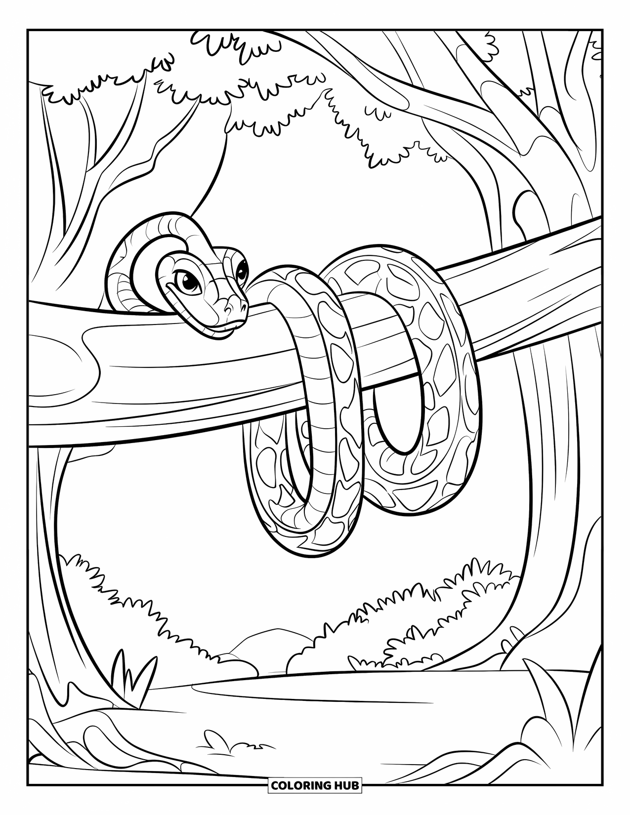 Reptile Coloring Page for Kids: Boa snake with patterned body coils on a leafy branch