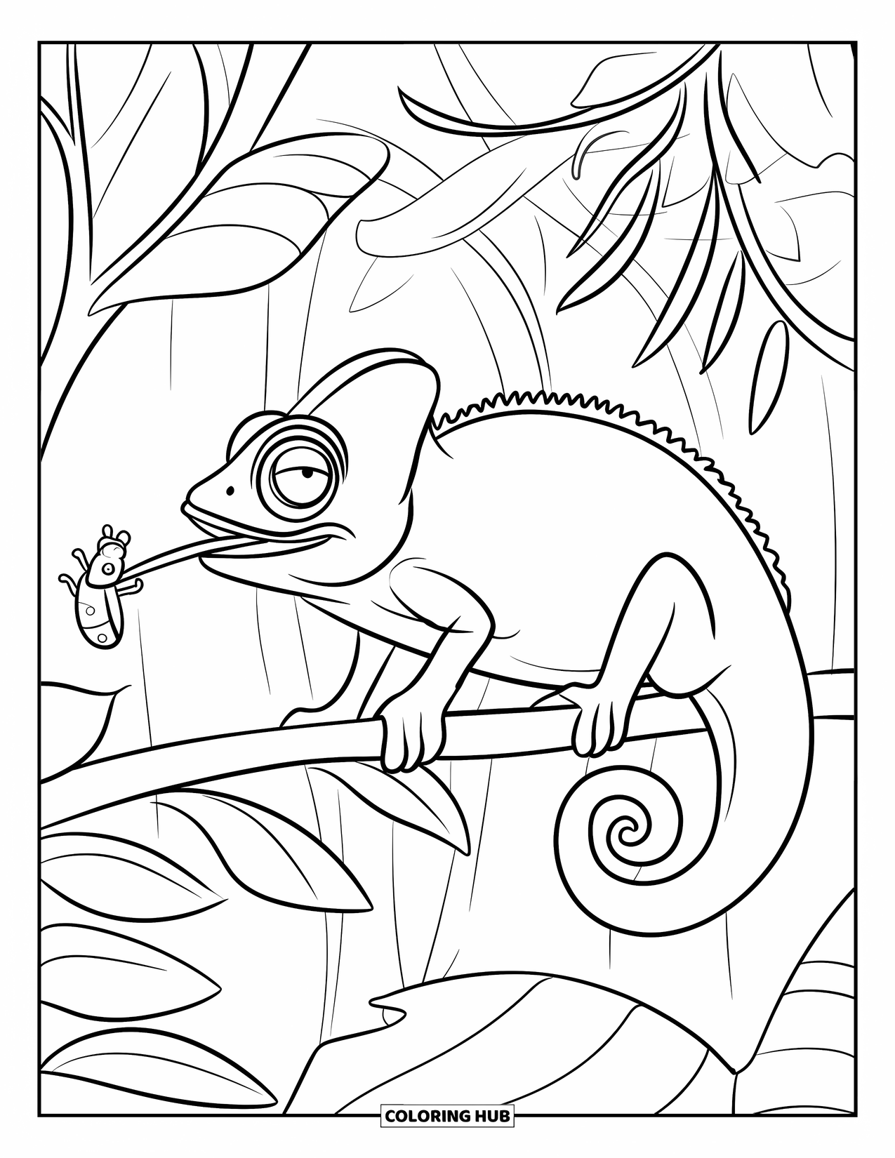Reptile Coloring Page for Kids: Chameleon on a branch catching a bug with a long tongue