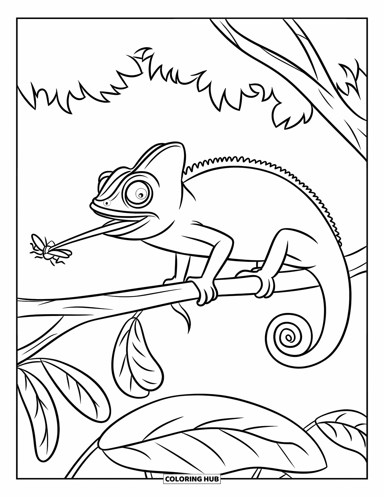 Reptile Coloring Page for Kids: Chameleon stretches tongue to catch a bug on a leafy branch