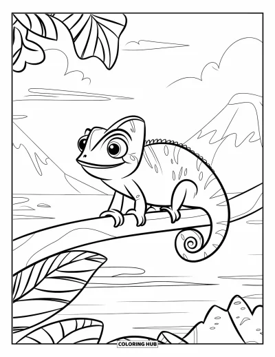 Tegning af krybdyr til børn: Kamæleon med store øjne sidder på en løvrig gren nær en sø