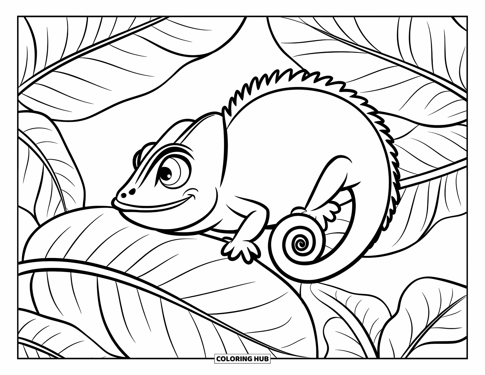Reptile Coloring Page for Kids: Chameleon with round body peeks through thick leafy cover