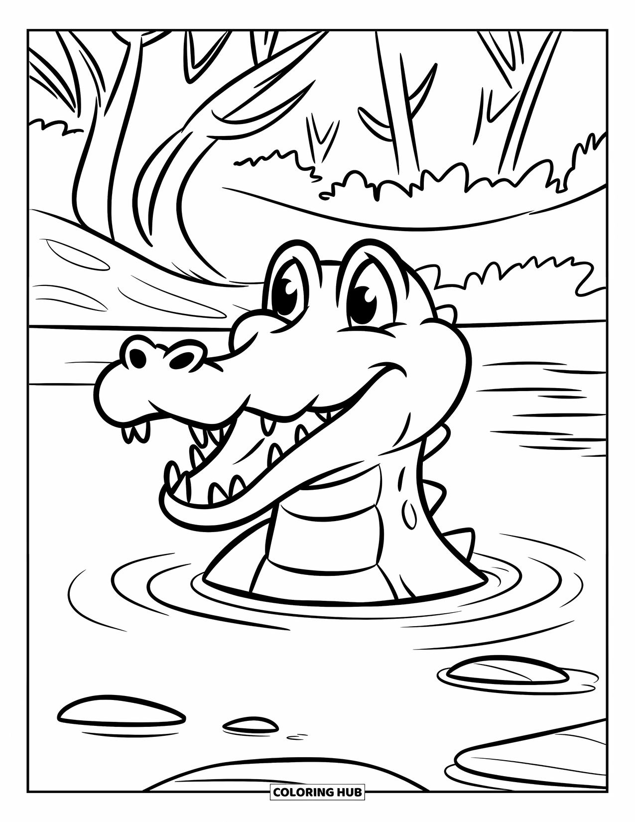 Reptile Coloring Page for Kids: Crocodile pops up from a river with rocks and bare trees