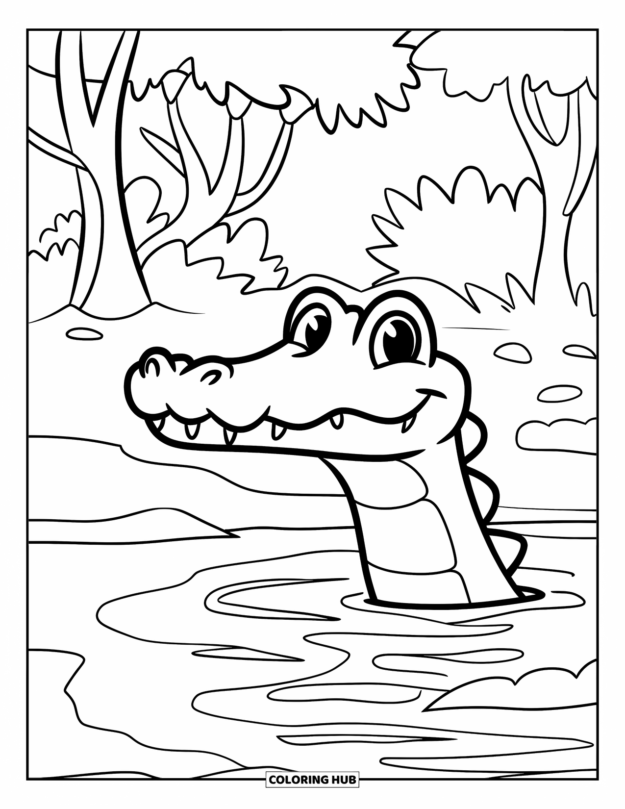 Reptile Coloring Page for Kids: Crocodile with big eyes pokes out of calm river water