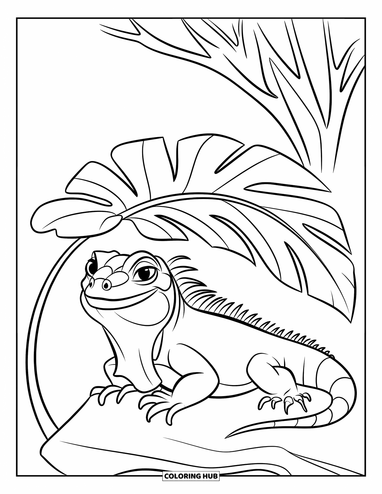 Reptile Coloring Page for Kids: Happy iguana with a short tail relaxes under a leafy tree
