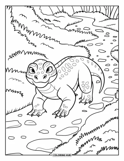 Tegning af krybdyr til børn: Komodovaraner med skællet hud går langs en frodig, stenet sti