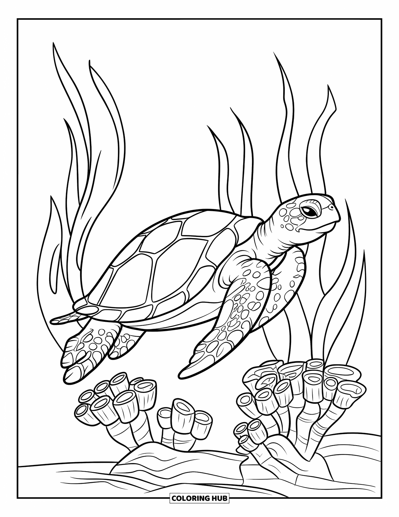 Reptile Coloring Page for Kids: Sea turtle flaps through water above flower-like coral