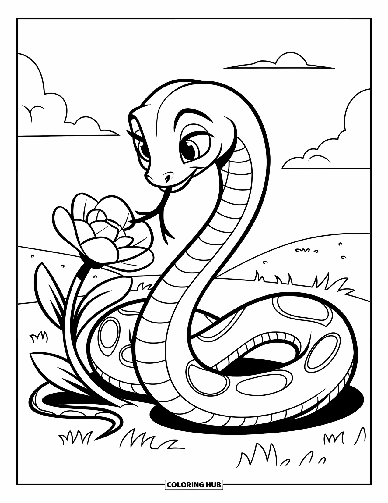Reptile Coloring Page for Kids: Snake in a spiral rests beside a flower and fluffy clouds