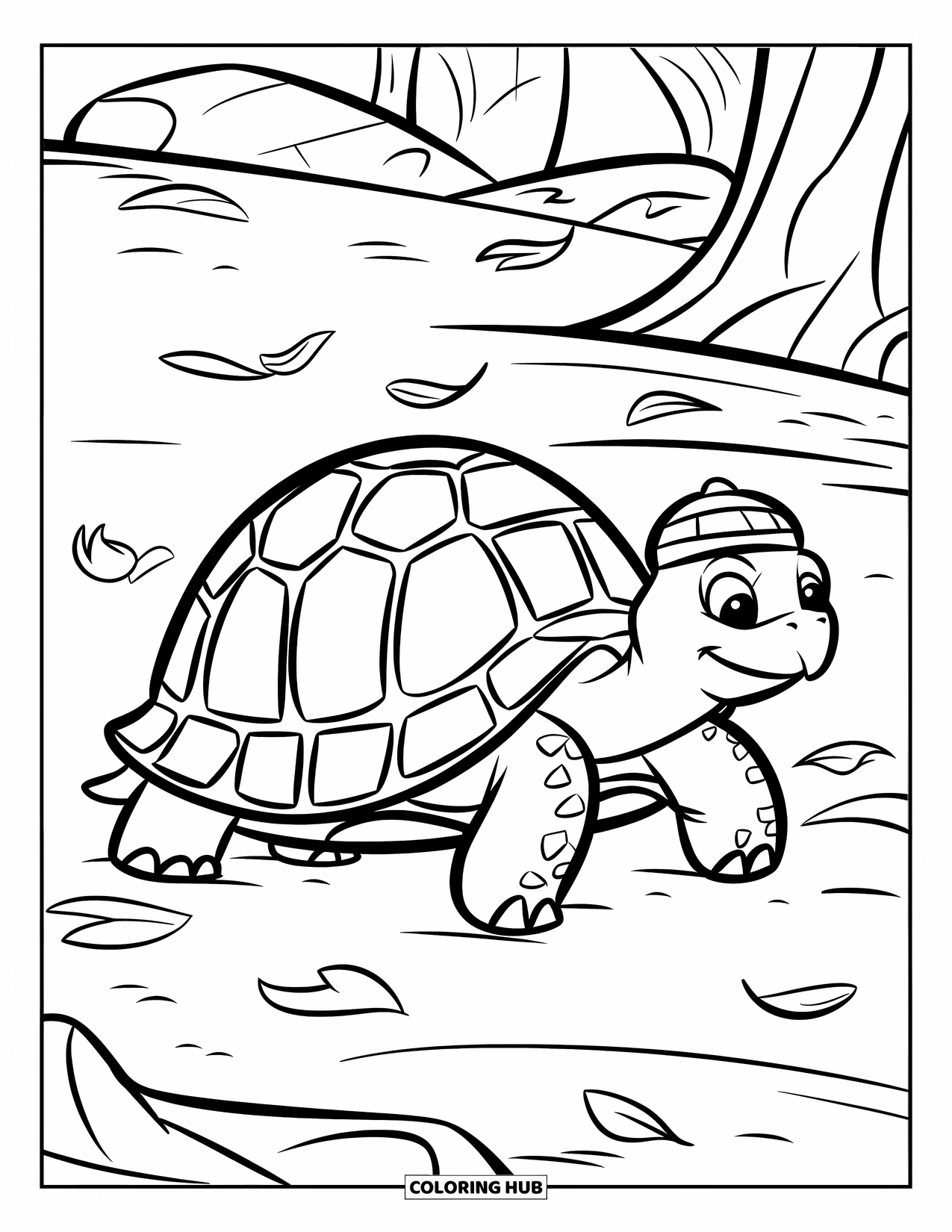 Reptile Coloring Page for Kids: Tortoise with a striped hat strolls past trees and rocks