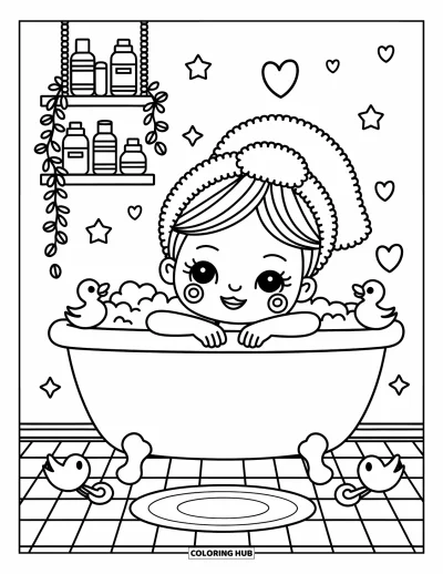 Coloriage Soin de la peau pour adultes : Un bain pétillant avec une fille enveloppée dans une serviette, des canards en caoutchouc et des soins de la peau étiquetés