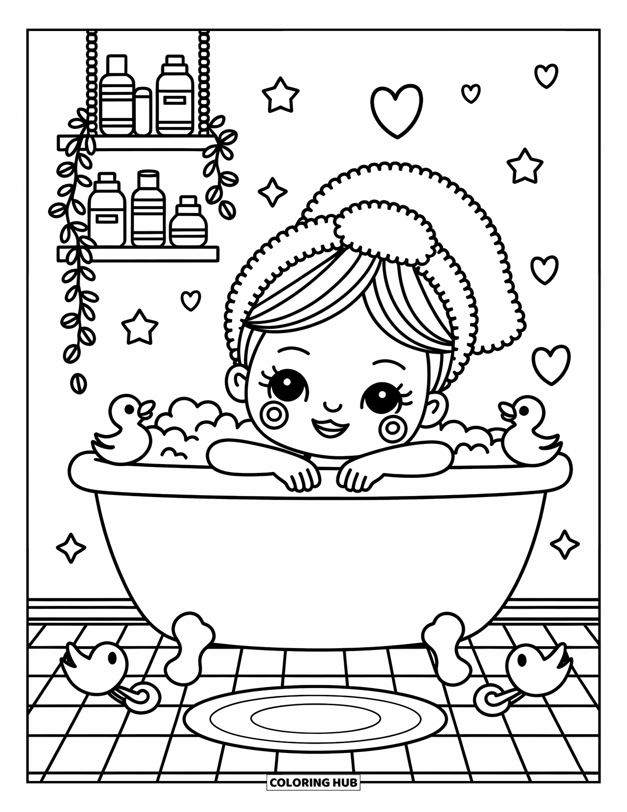 Skincare Coloring Page for Adults: A bubbly bath with a towel-wrapped girl, rubber ducks, and labeled skincare