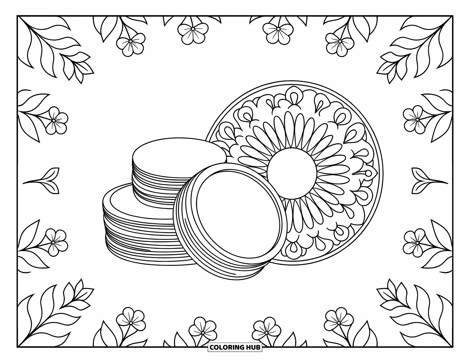 Skincare Coloring Page for Adults: A cotton pad stack and balm tub sit in a floral mandala with leaf patterns