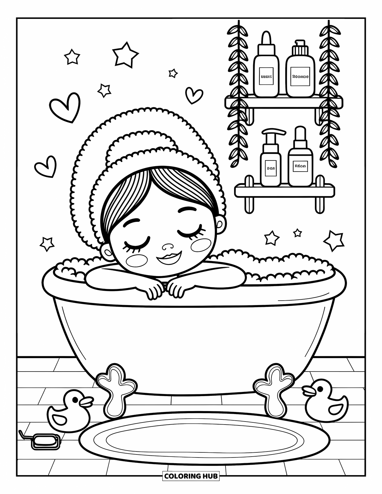 Skincare Coloring Page for Adults: A cozy bath scene with bubbles, a jade roller, and a smiling masked girl