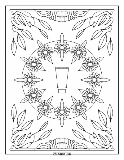 Coloriage Soin de la peau pour adultes : Un mandala de marguerites et de feuilles encadre un tube central de crème solaire