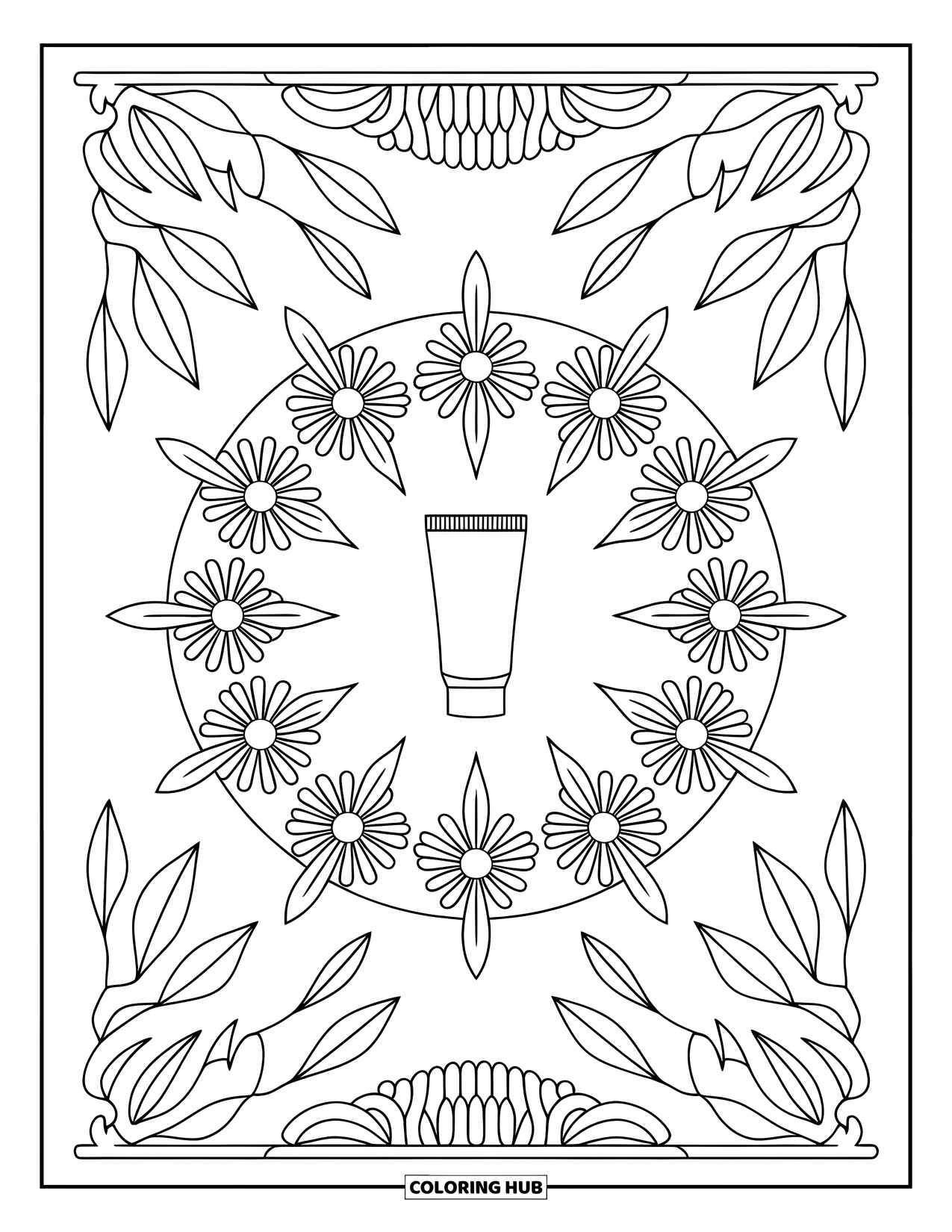 Skincare Coloring Page for Adults: A daisy-and-leaf mandala frames a central tube of sunscreen